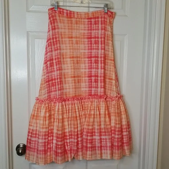 Anthropologie Eva Franco Flounced Orange Pink White Midi Skirt - Picture 4 of 14